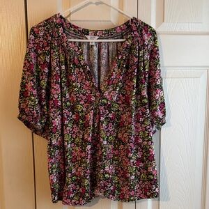Crown & Ivy Pink and Green Floral Split-Neck Blouse